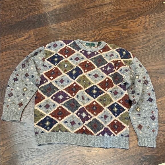 100% Wool Men's Geometric Crewneck Sweater - Multicolor - Picture 2 of 8